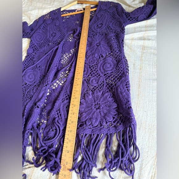 Laurel crochet purple long sleeve fringe open front with tie size large top knit - Picture 6 of 9